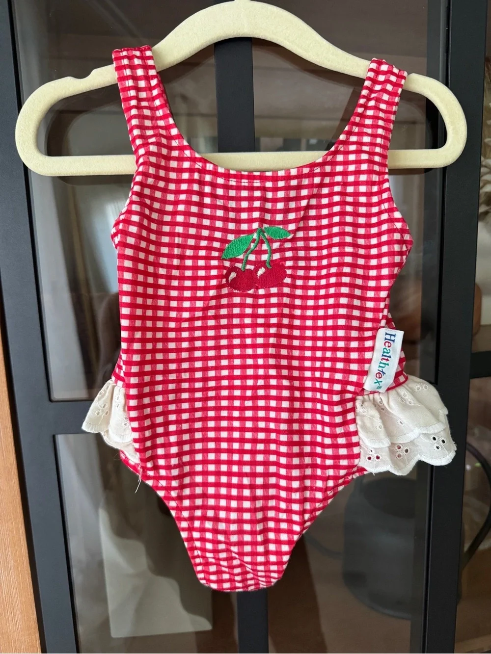 Vintage cherry gingham one piece swimsuit baby girl ruffle eyelet embroidered
